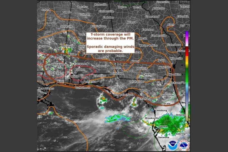 Isolated Storms With Sporadic Damaging Winds Possible Across North Florida and the Upper Gulf Coast Through Thursday Evening