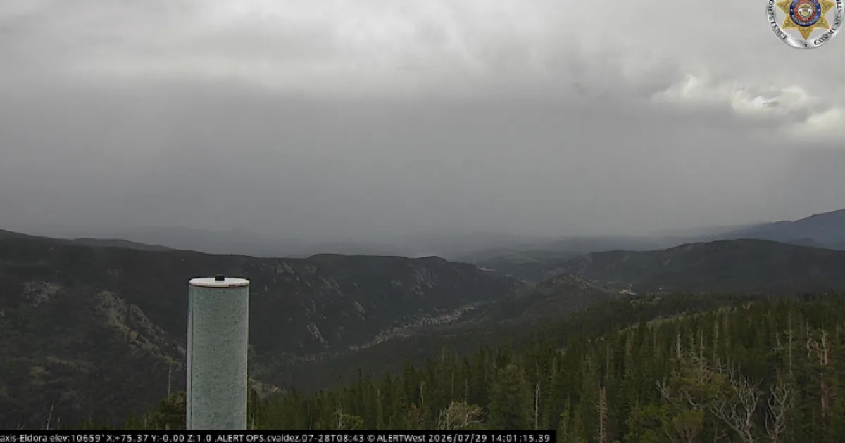 Storm clouds over Colorado with flash flood warnings and severe thunderstorm alerts active